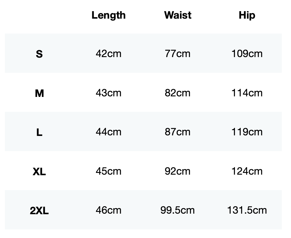 Size guide for Hybrid 7" Training Shorts