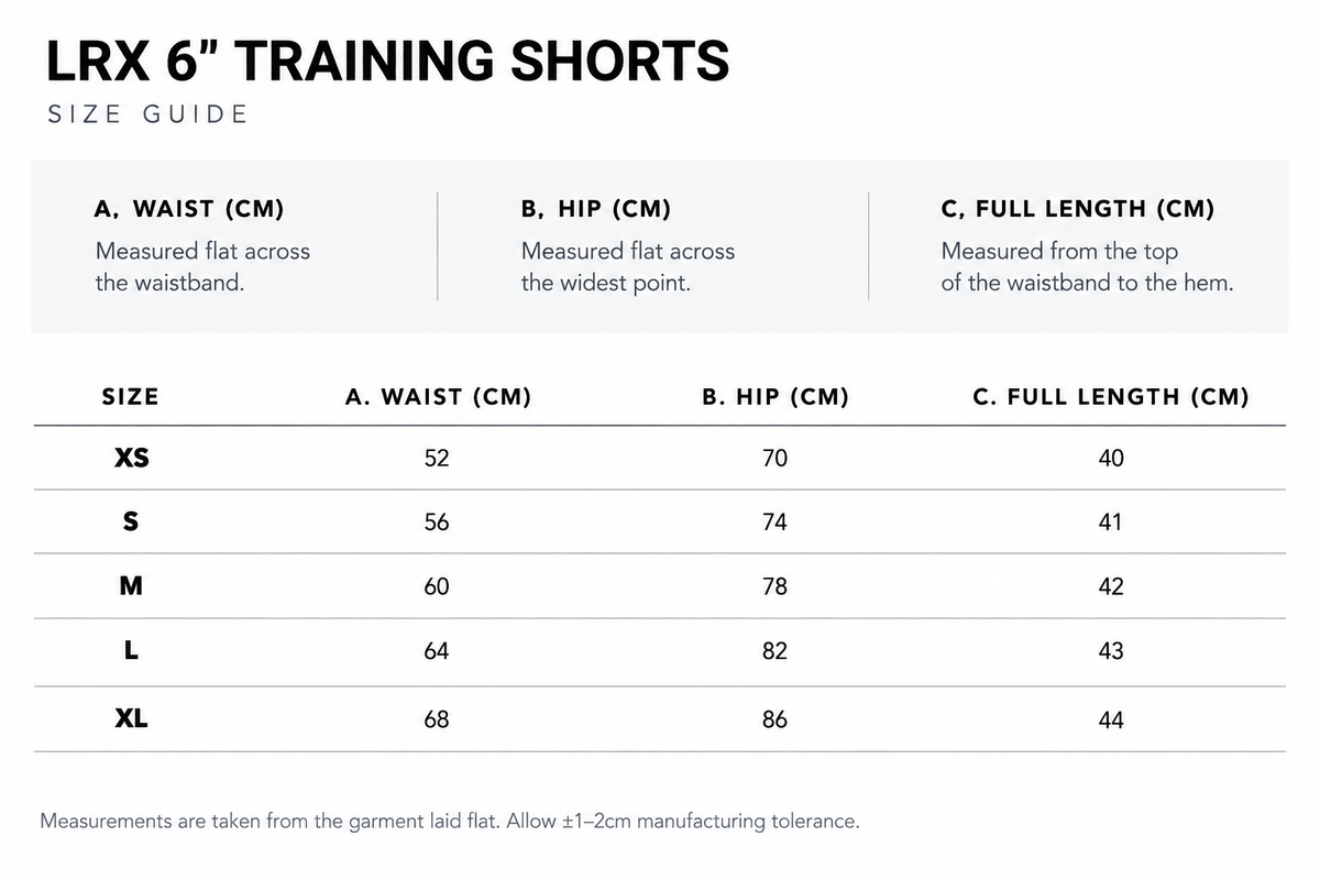 Size guide for LRX High Rise 6" Training Shorts