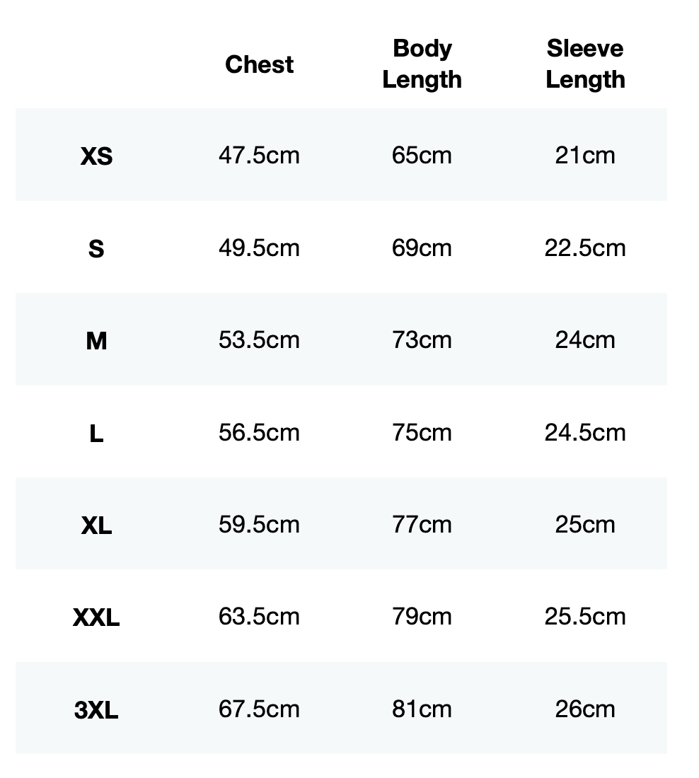 Size guide for Track Club Tee