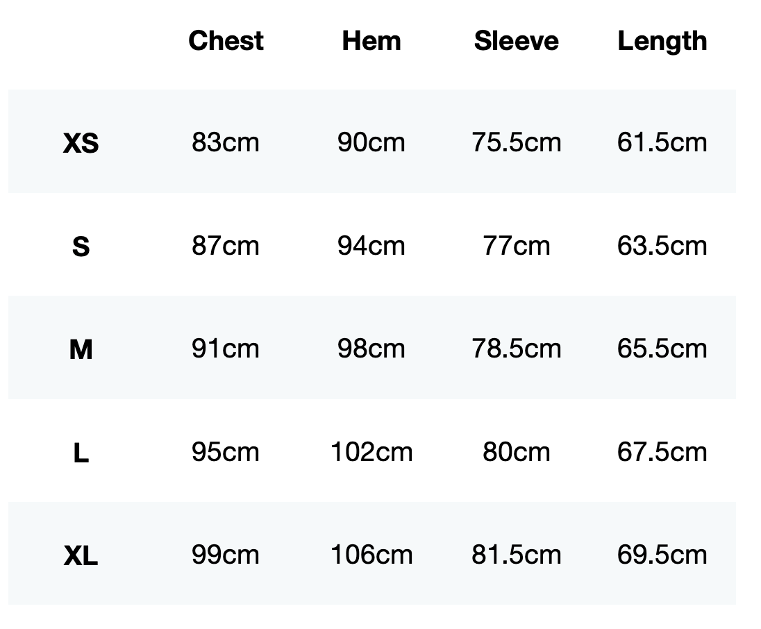 Size guide for FTR 1/4 Zip