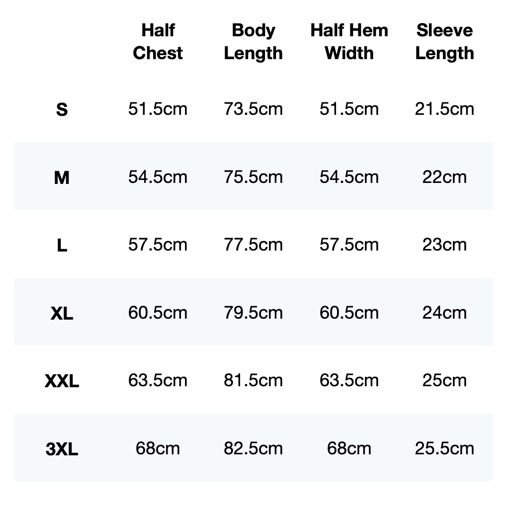 Size guide for FLXFIT Icon Training Tee