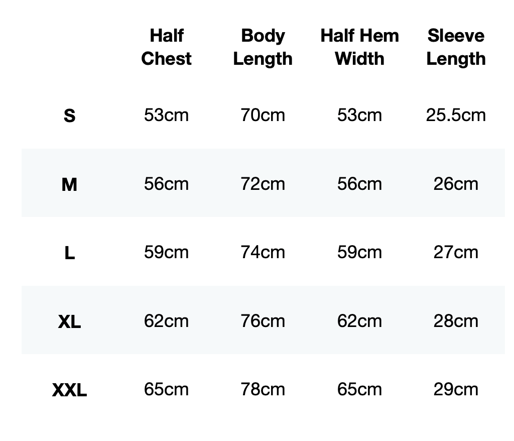 Size guide for FLXFIT Oversized Training Tee