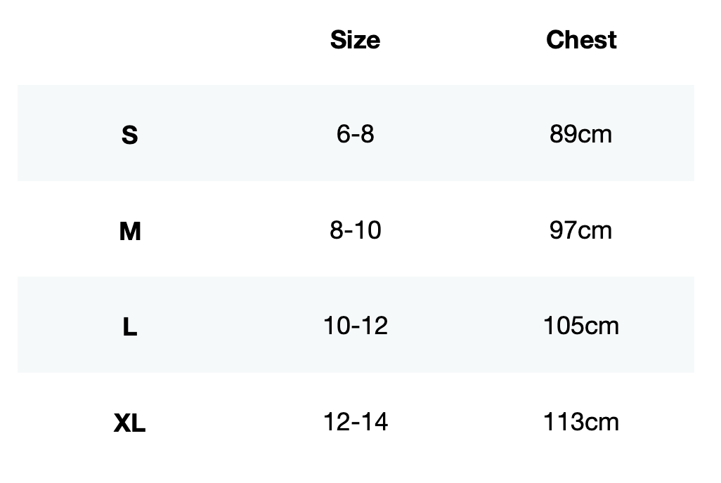 Size guide for Women's Vento Tee