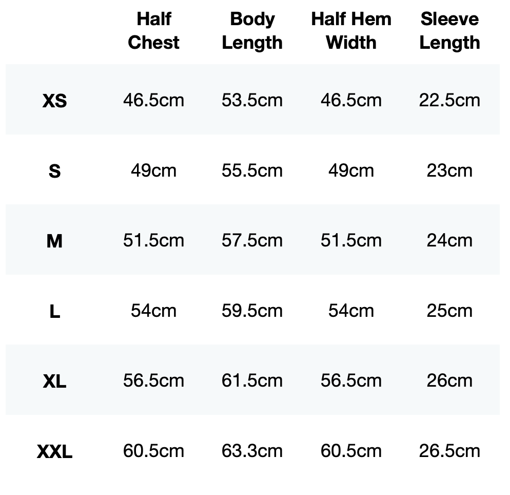 Size guide for FLXFIT Box Tee