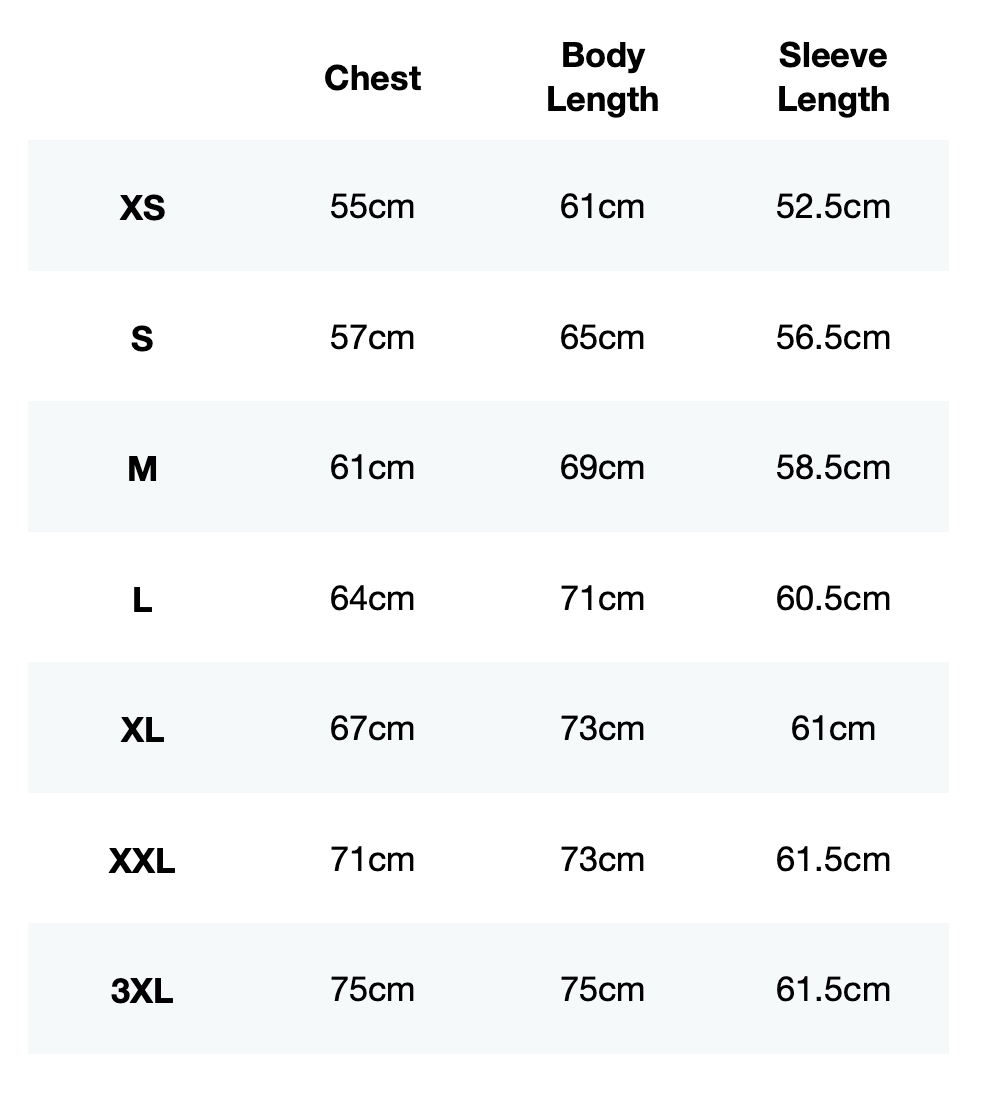 Size guide for Race Your Pace Run Club Hoodie