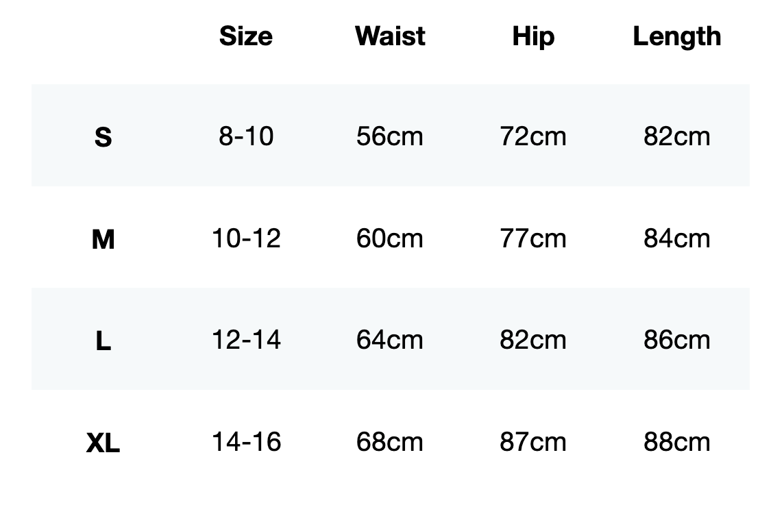 Size guide for Lift Training Leggings