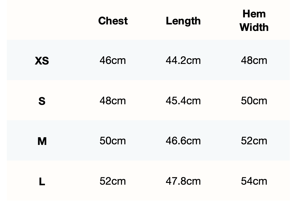 Size guide for AeroFlow Training Vest