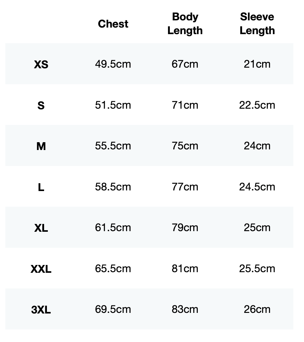Size guide for Trackline Oversized Tee