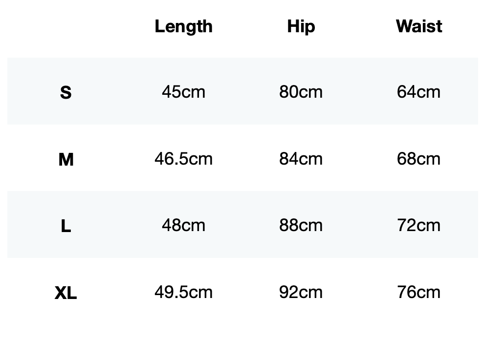 Size guide for Core Run Short Tights