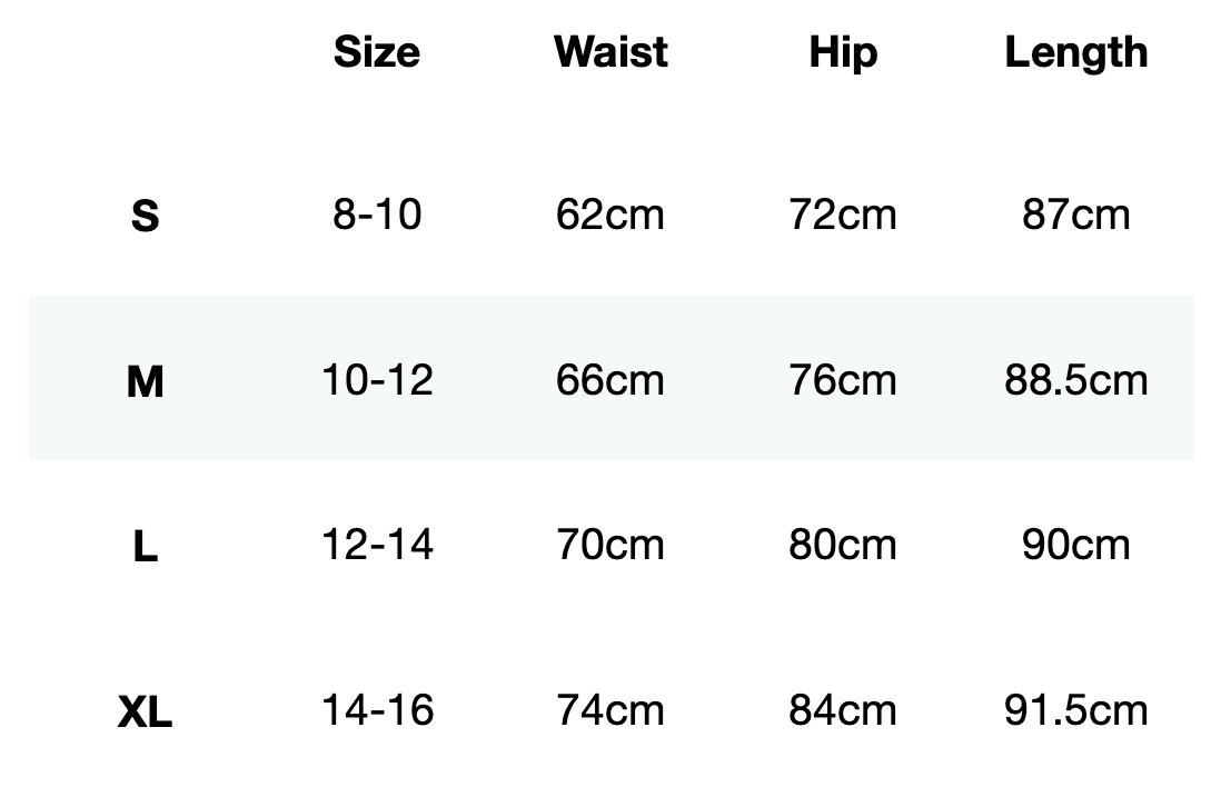 Size guide for LRX Training Leggings