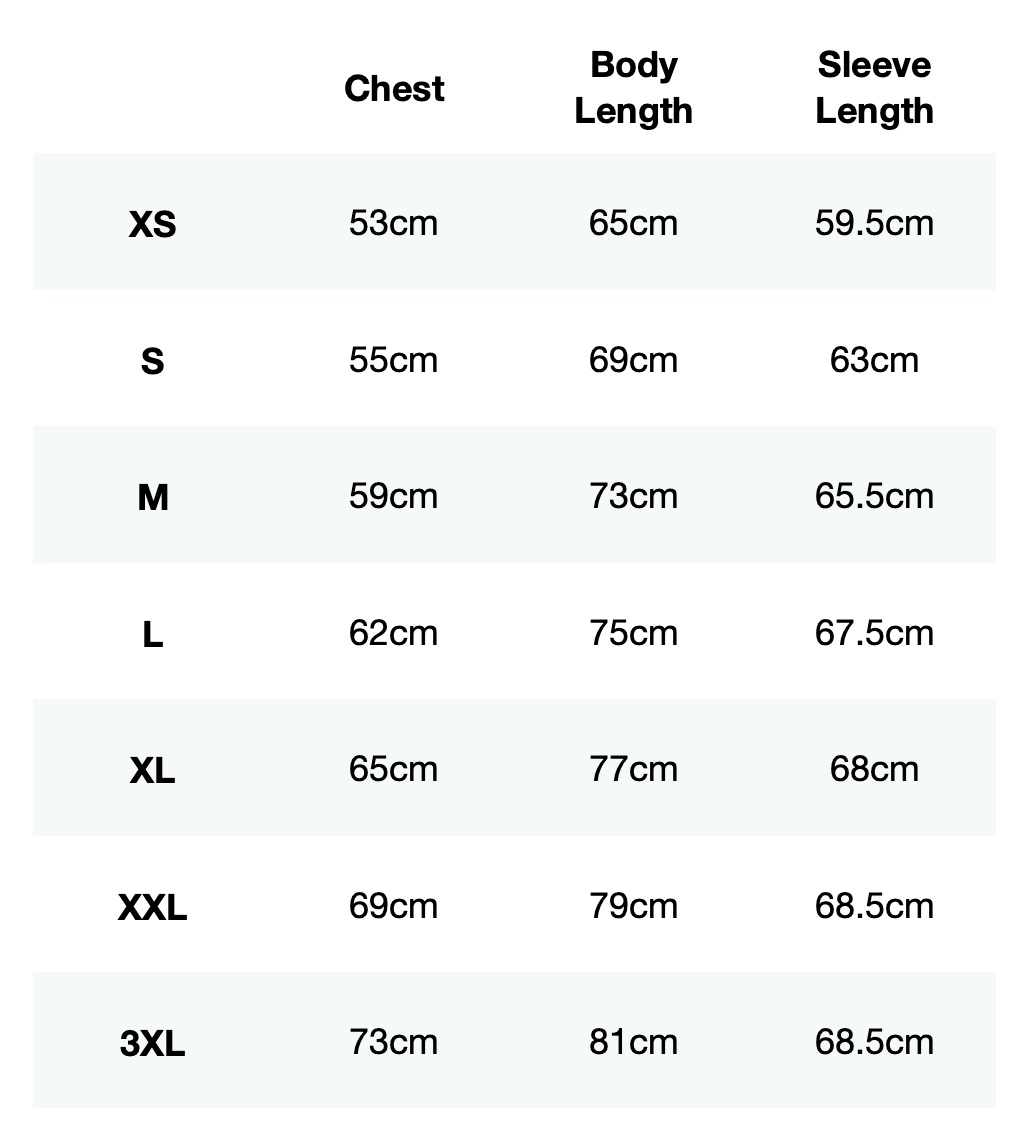 Size guide for Race Your Pace Symbol Hoodie
