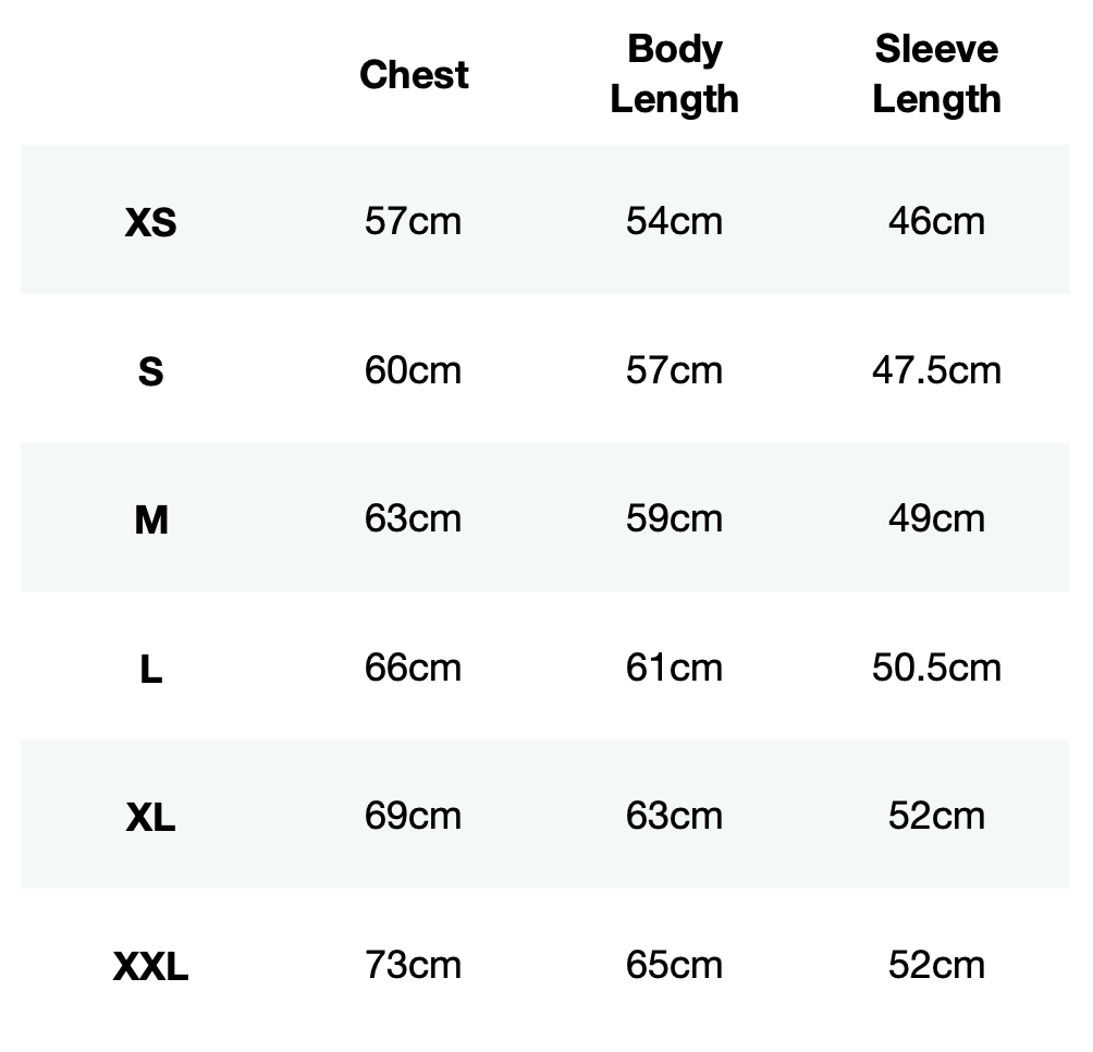 Size guide for WIT x Layer Impact Zip Hoodie