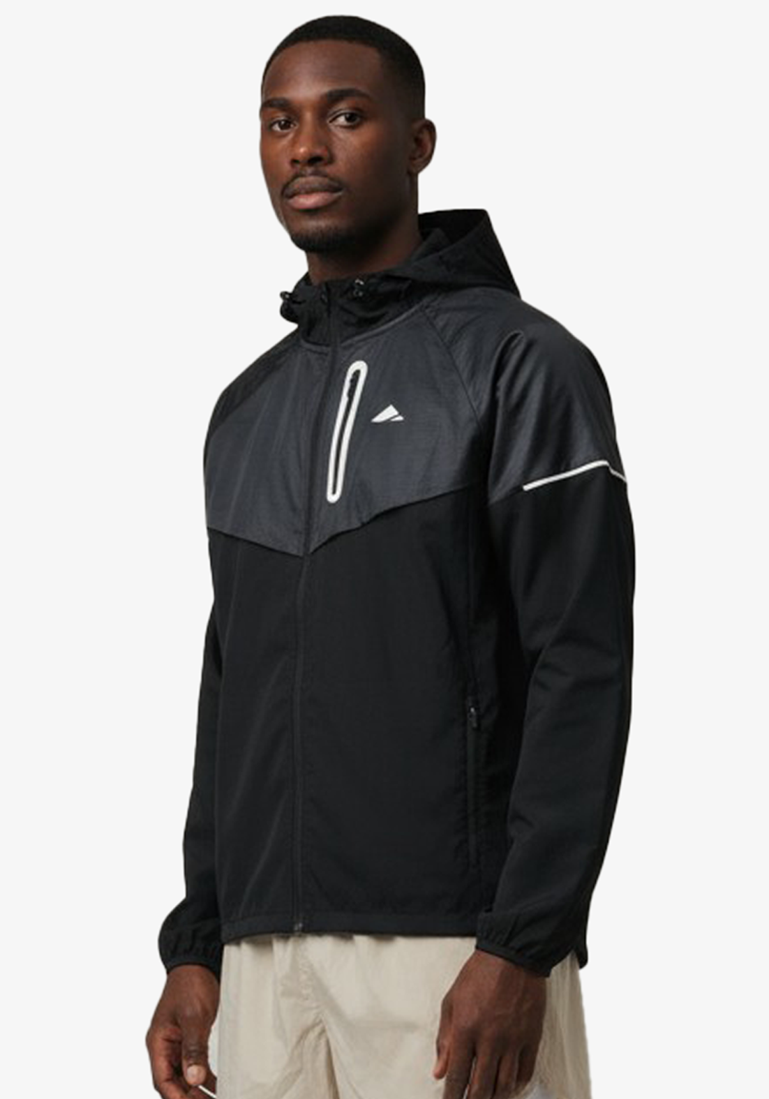 Layer Tempo Running Windbreaker in black, front view with zip pocket
