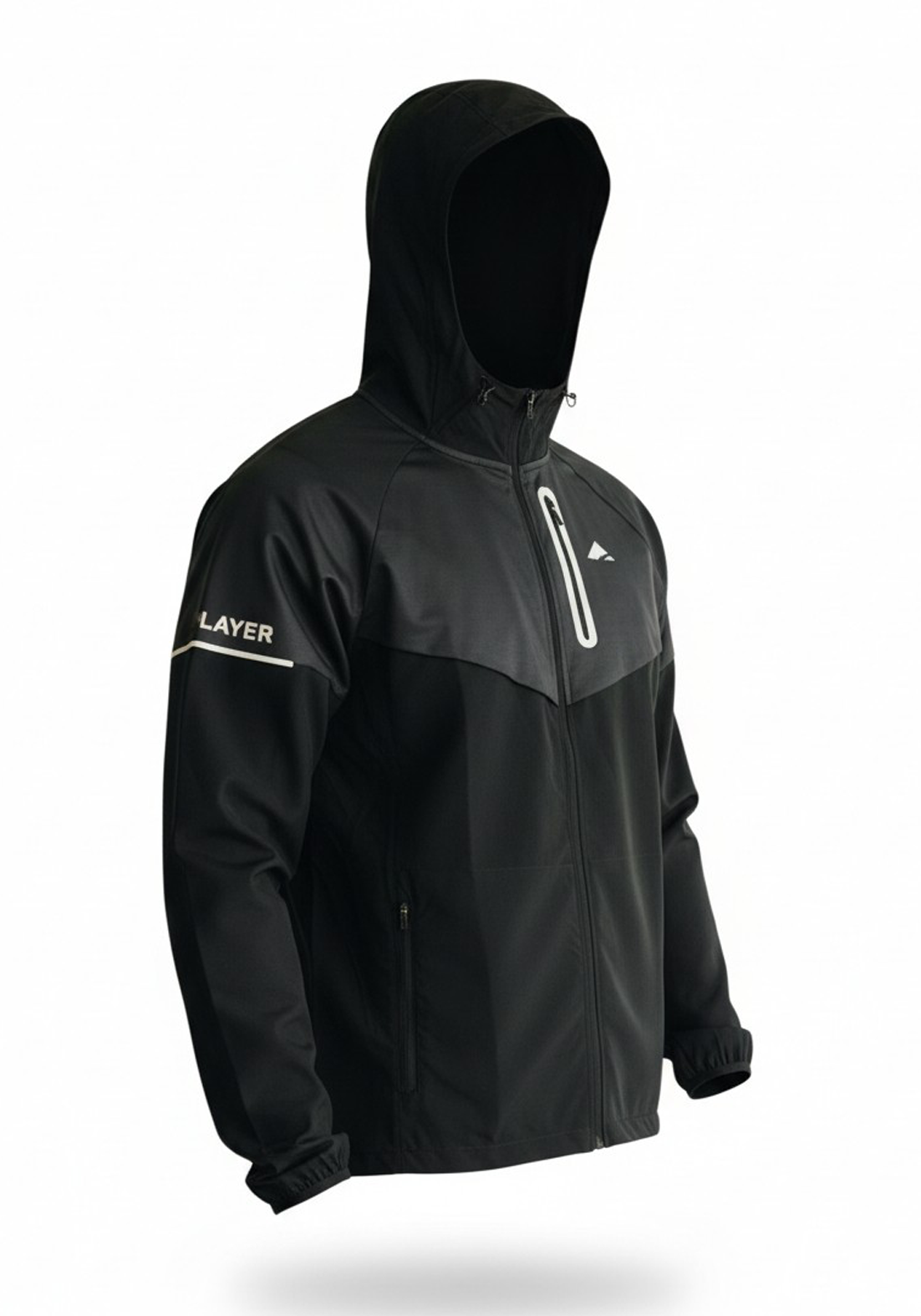 Layer Tempo Running Windbreaker in black with hood up showing lightweight wind resistant design