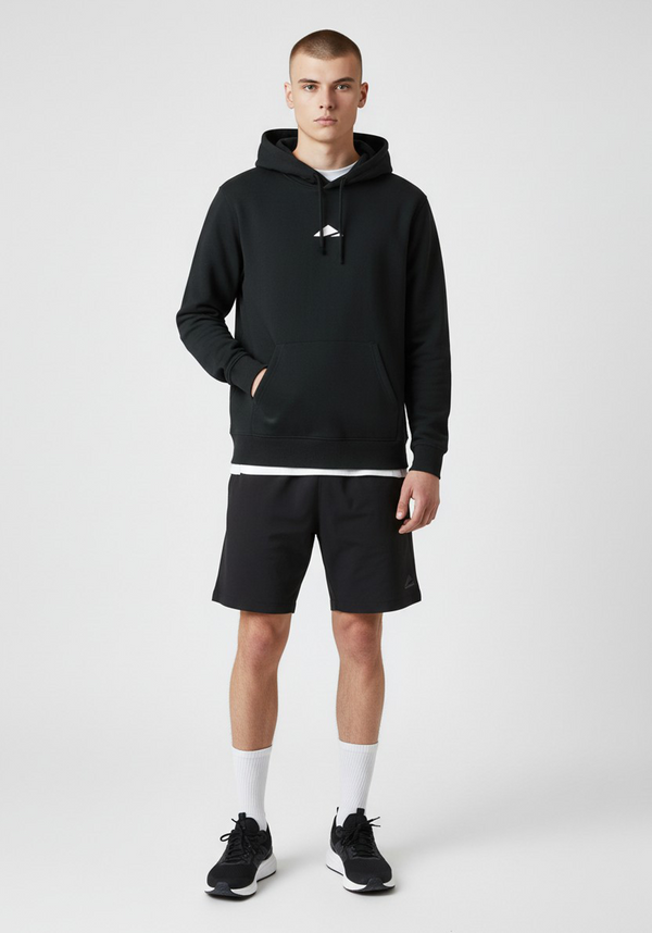 Layer Tempo Training Hoodie black full front view worn by male athlete relaxed fit