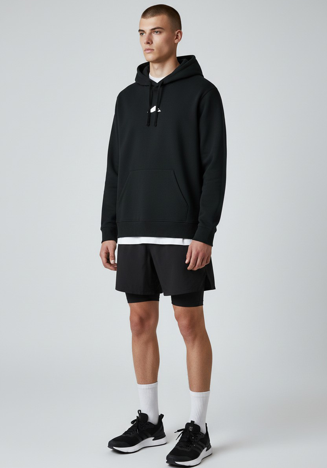 Layer Tempo Training Hoodie black front angled view showing hood and chest logo