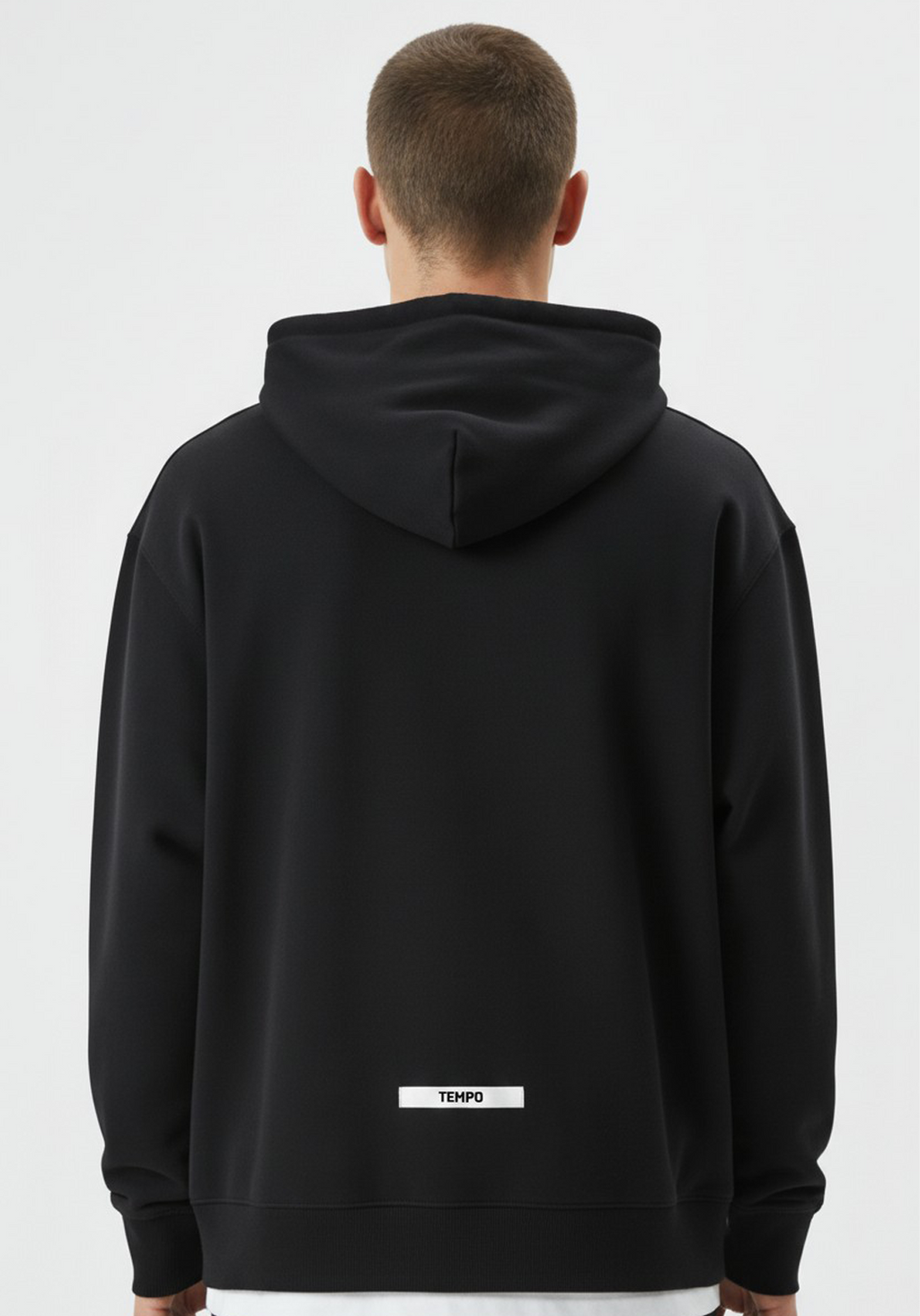 Layer Tempo Training Hoodie black close up back view highlighting hood shape and fabric