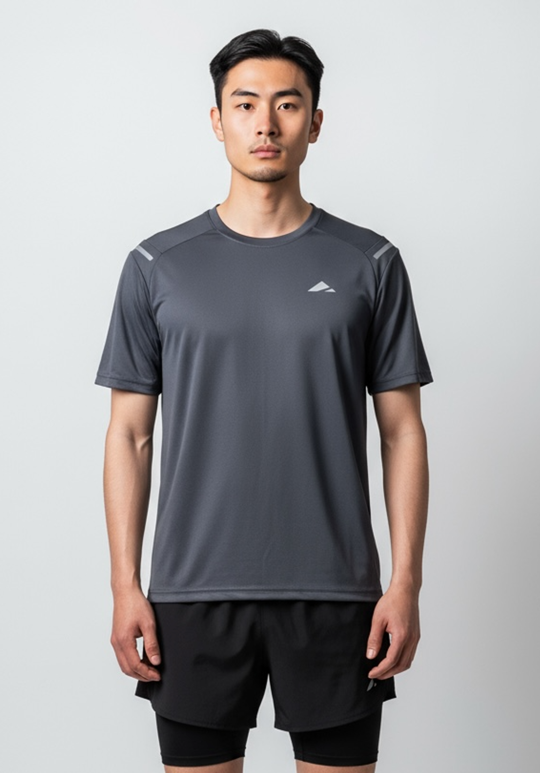 Layer Tempo Running Tee in graphite, front detail view
