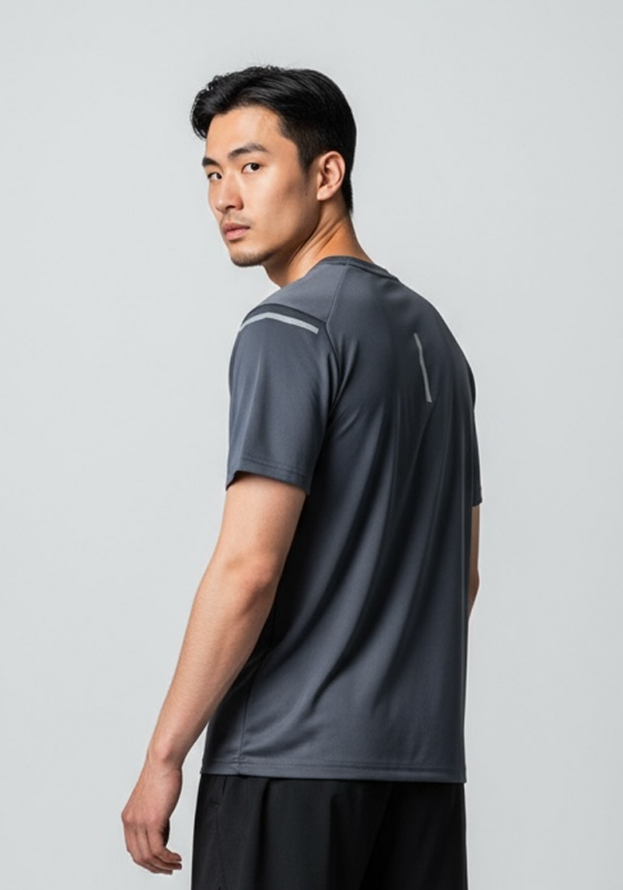 Layer Tempo Running Tee in graphite, rear athletic-fit view

