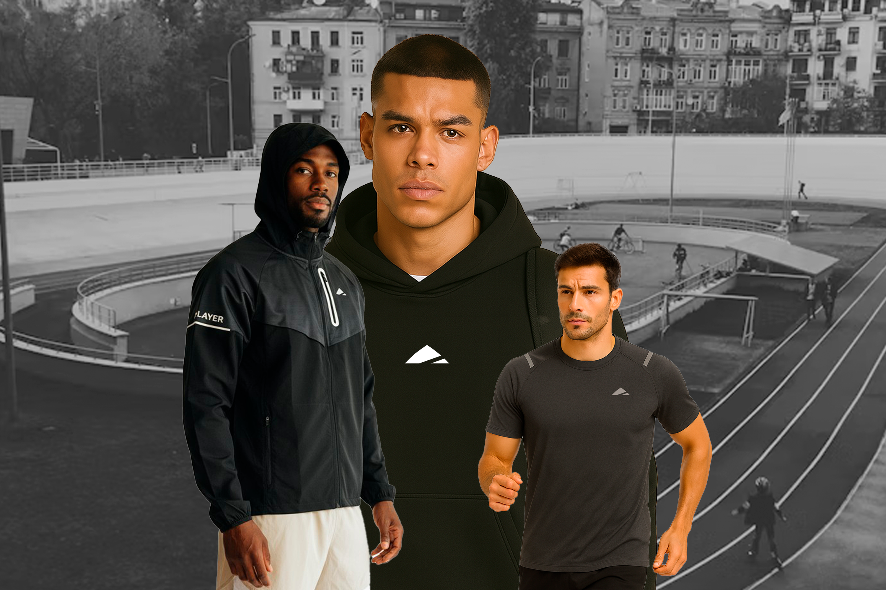 Three men wearing branded athletic clothing with a track and field background