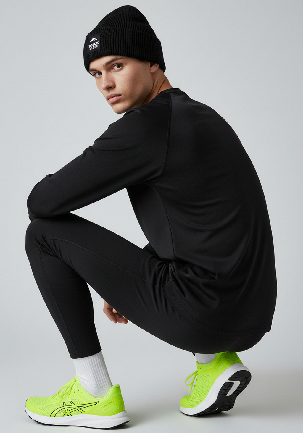 Side profile of black Layer Track Club beanie showing deep cuff fit