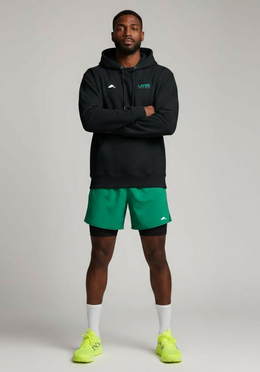 Layer Track Club hoodie in black, front view arms crossed
