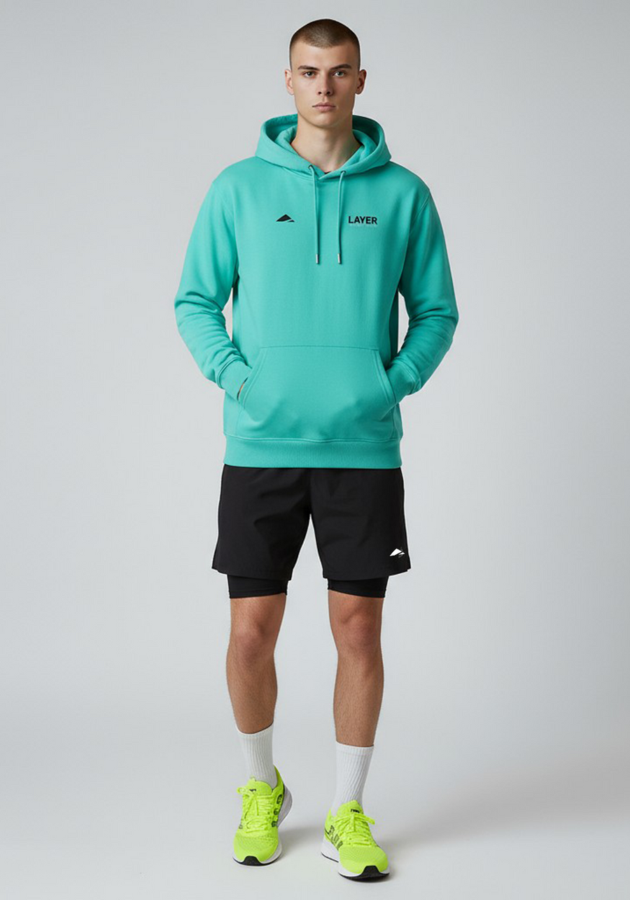 Layer Track Club hoodie in teal, front view with kangaroo pocket