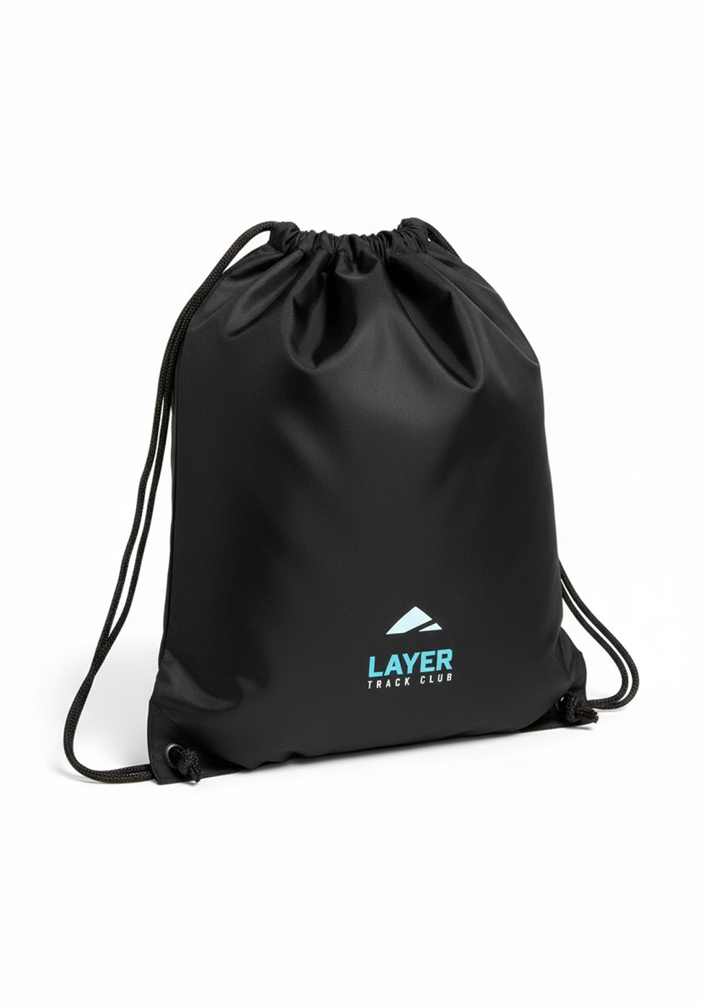 Layer Track Club Kit Bag in black with drawstring closure and printed Layer Track Club logo