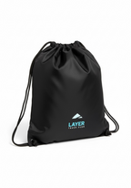 Layer Track Club Kit Bag in black with drawstring closure and printed Layer Track Club logo