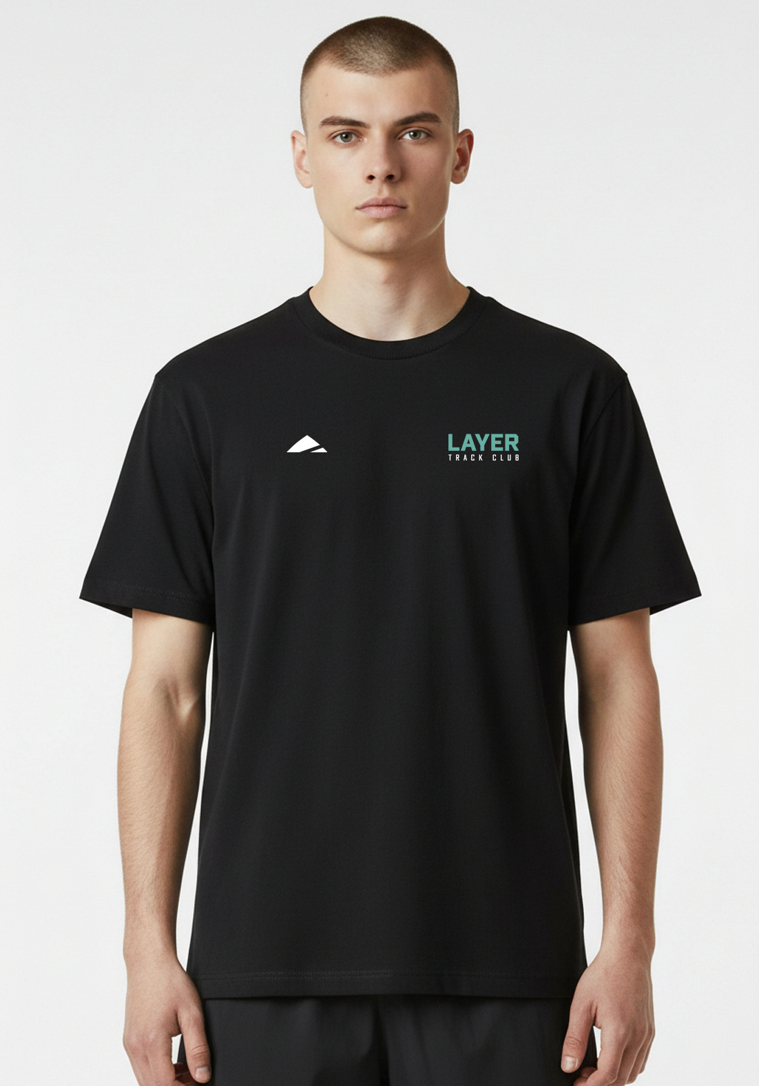 Layer Track Club Tee in black, detail of Layer Track Club branding
