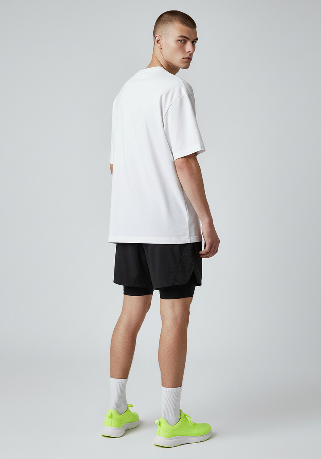 Side angle of model wearing white Layer Track Club tee