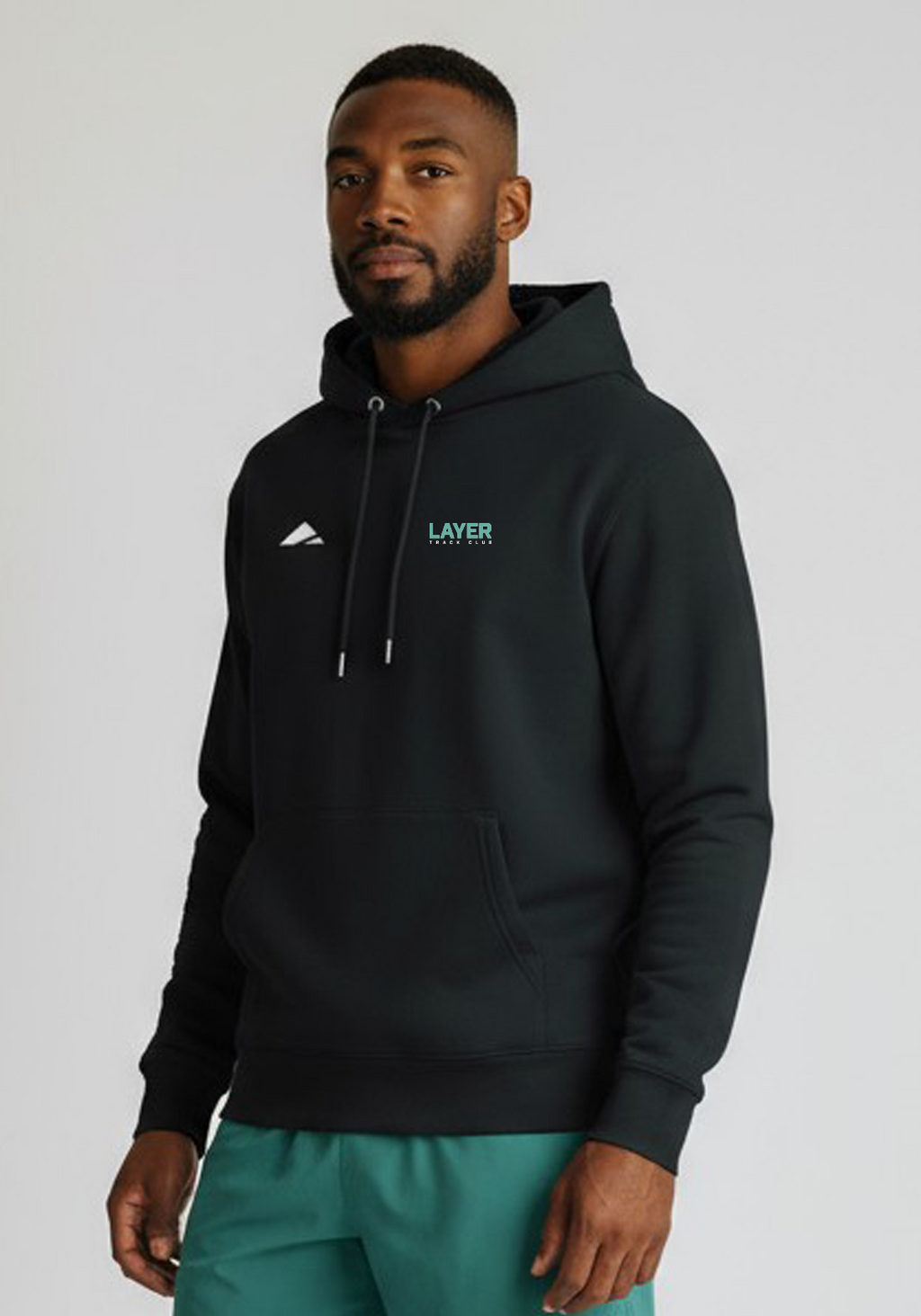 Layer Men’s Track Club Hoodie in black – close-up front view highlighting premium fabric and embroidered logo