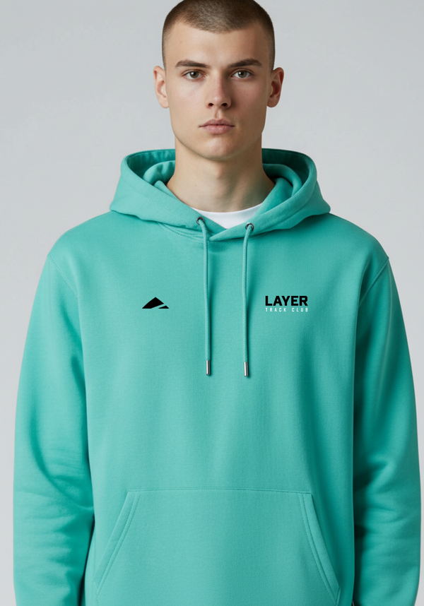 Front view of model wearing the Layer Track Club Hoodie in teal showing relaxed fit and Track Club branding