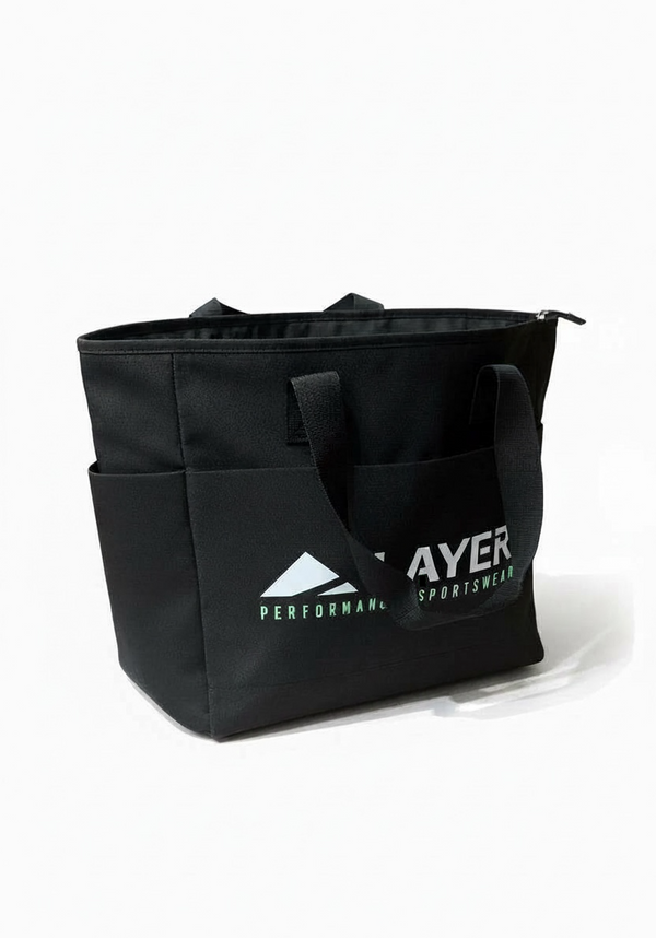 Layer Trackside Tote side angle showing reinforced handles and durable fabric construction