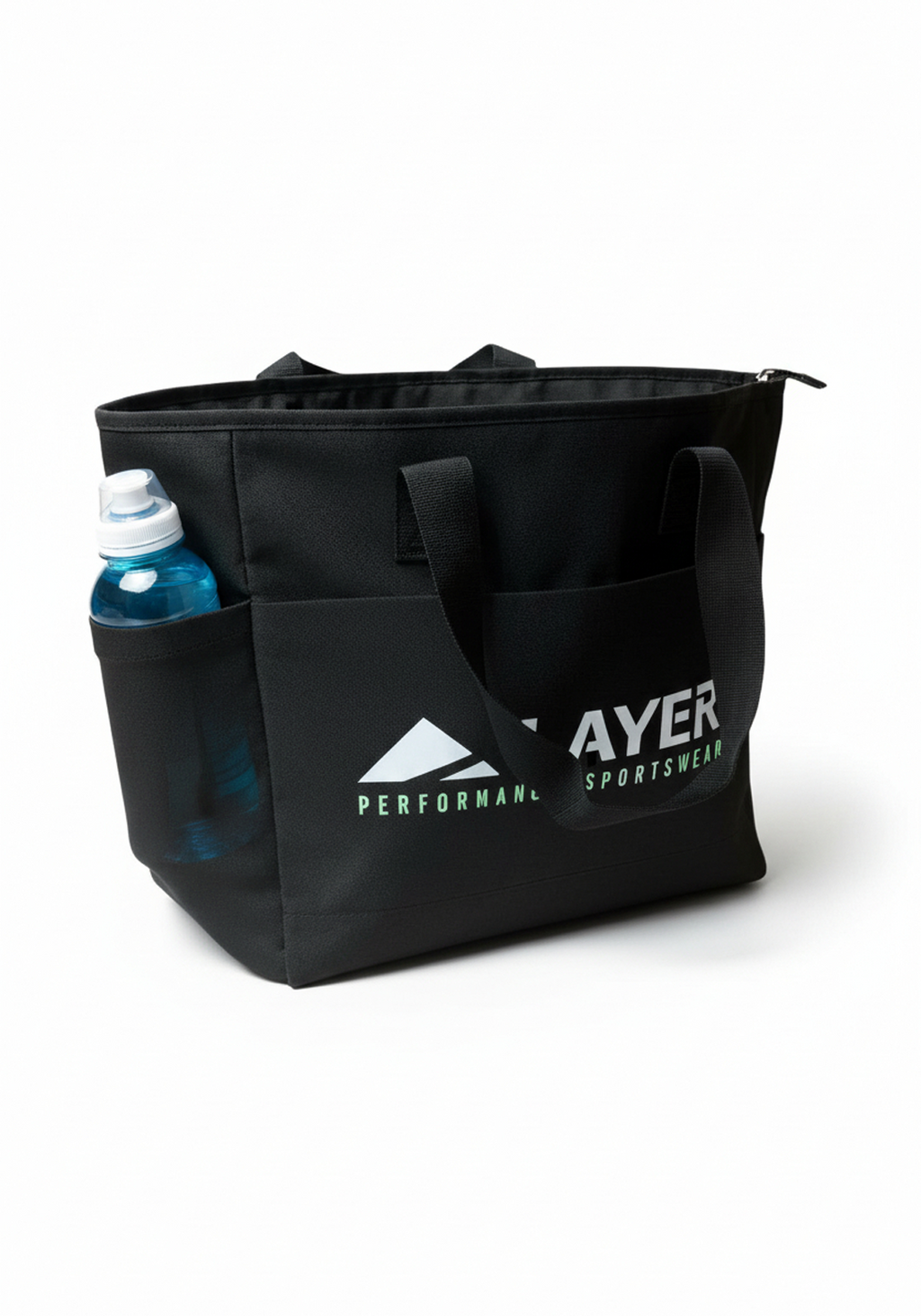 Layer Trackside Tote with external bottle pocket holding water bottle, ideal for track or gym sessions
