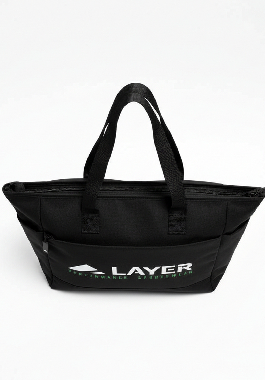 Layer Trackside Tote front view showing structured black training tote with Layer Performance branding