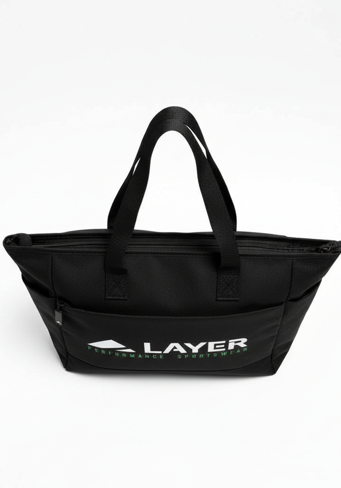 Layer Trackside Tote front view showing structured black training tote with Layer Performance branding