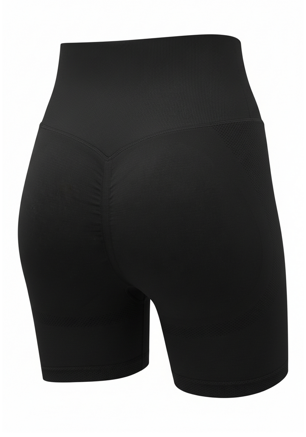 Close-up back view of black Layer Training Legging Shorts highlighting scrunch seam and compression fabric.