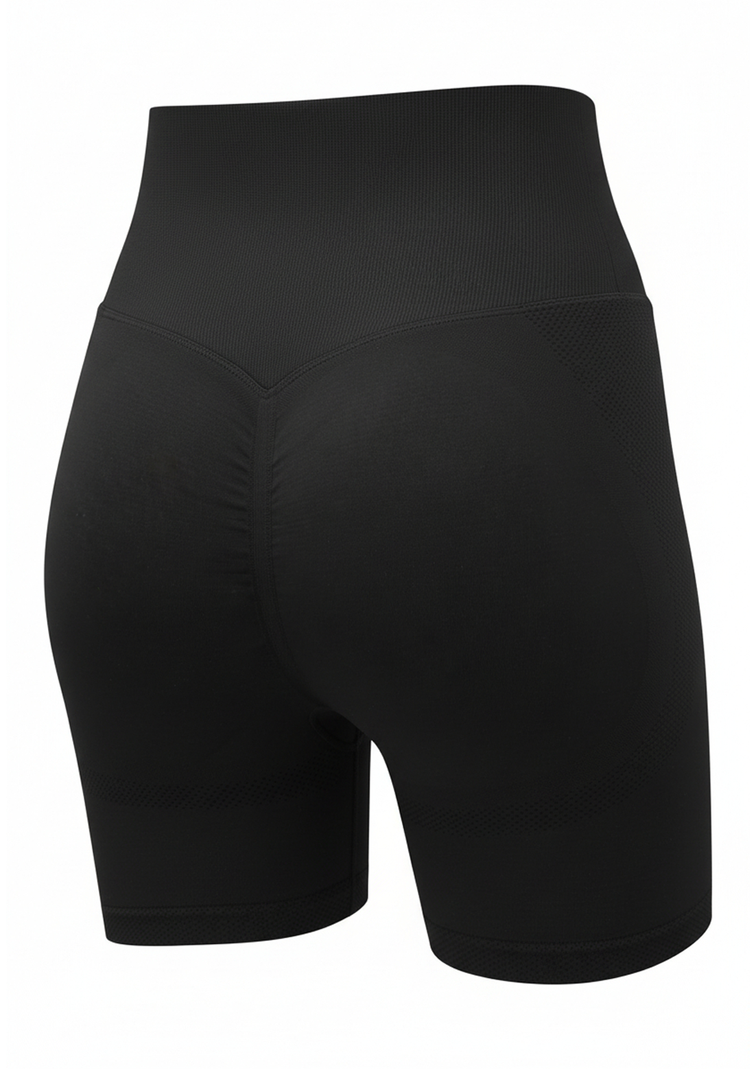 Close-up back view of black Layer Training Legging Shorts highlighting scrunch seam and compression fabric.