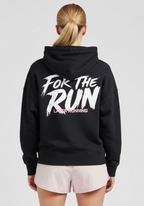 Women’s black Layer FTR Graphic Hoodie showing large “For The Run” graphic on the back