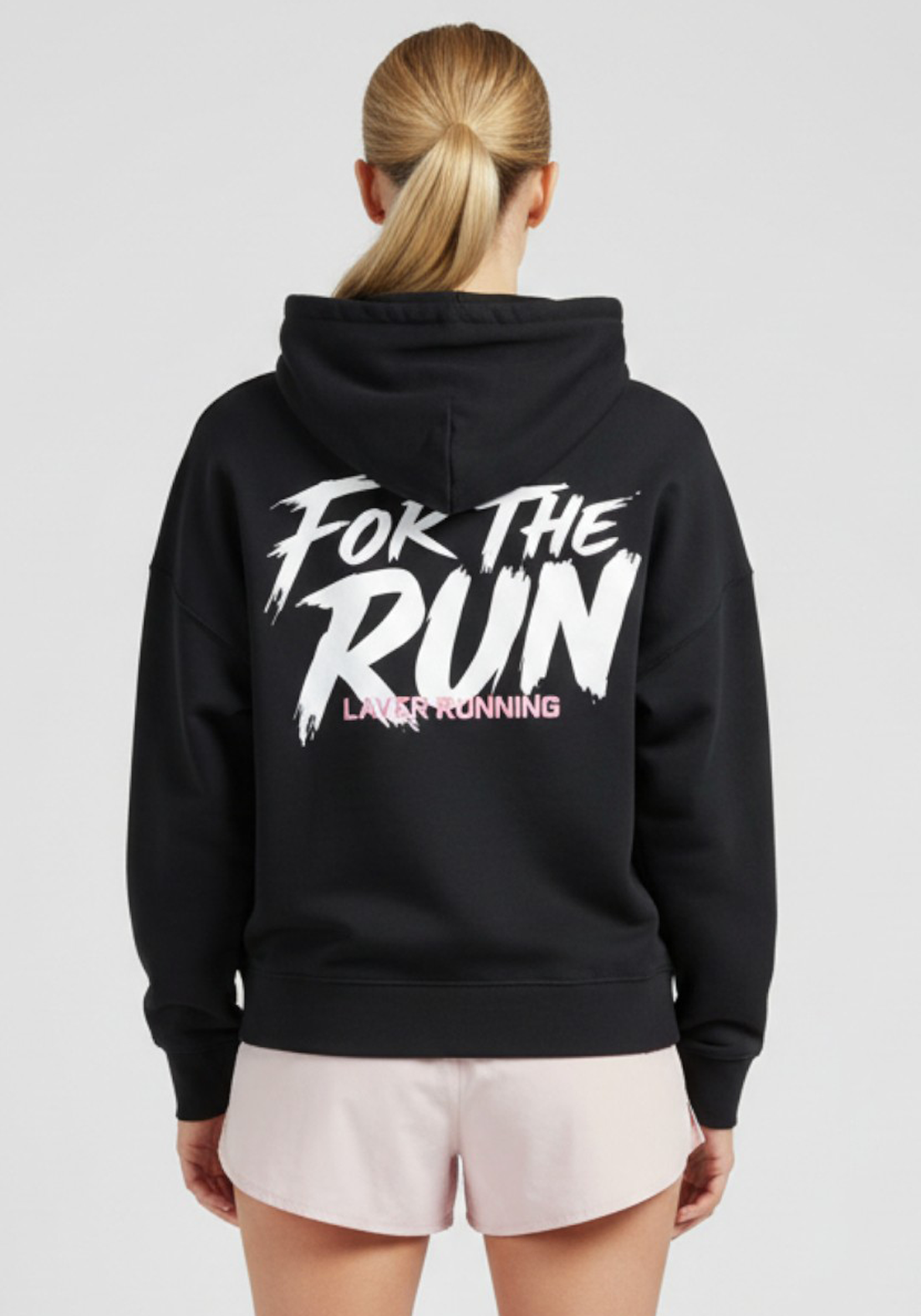 Women’s black Layer FTR Graphic Hoodie showing large “For The Run” graphic on the back
