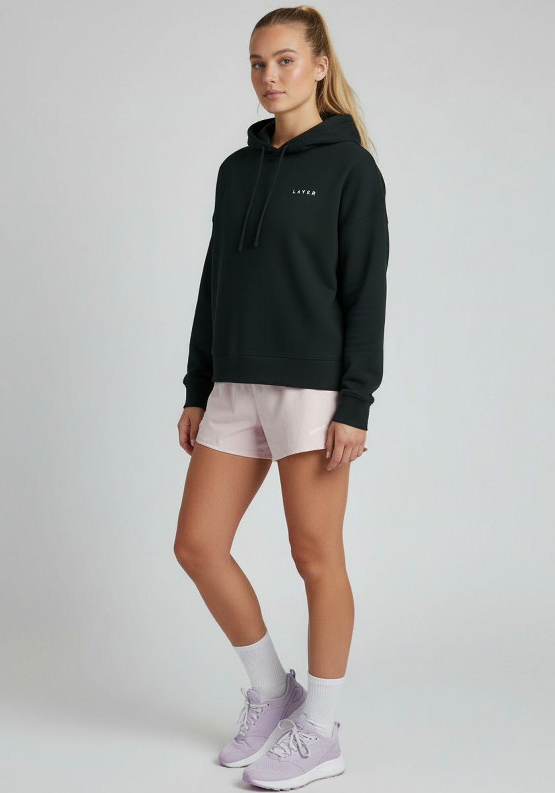 Layer Women's FTR Graphic Hoodie in black, three-quarter angle view

