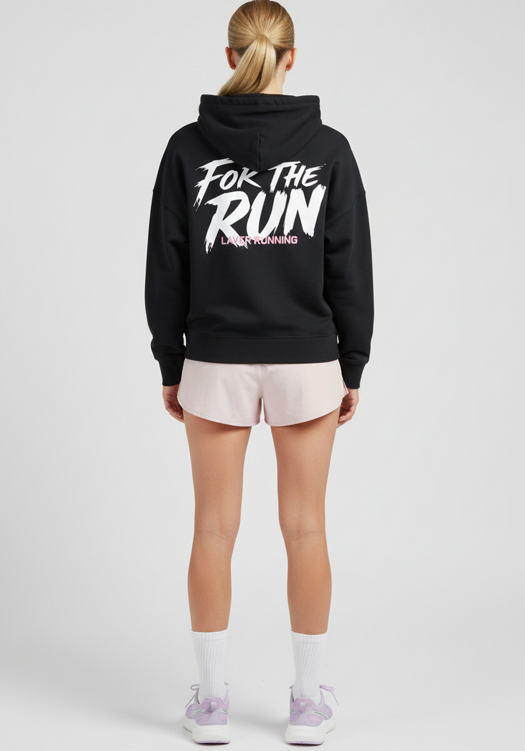 Back view of women’s black Layer FTR Graphic Hoodie with bold For The Run print