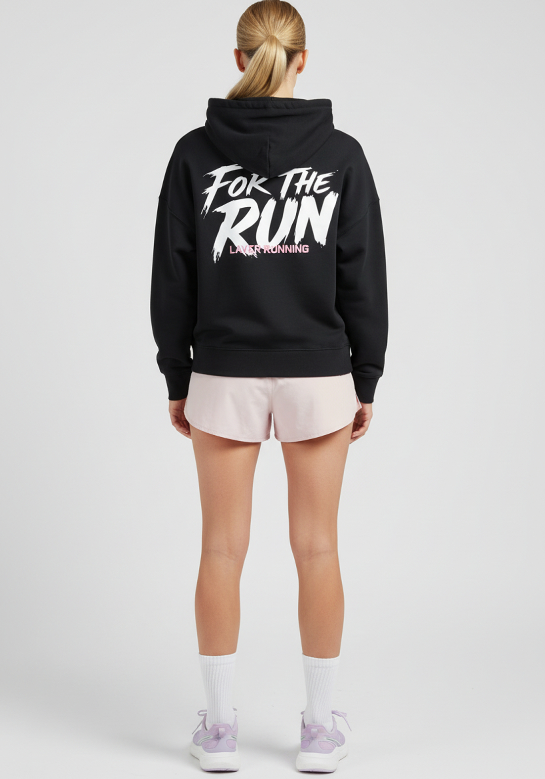 Back view of women’s black Layer FTR Graphic Hoodie with bold For The Run print
