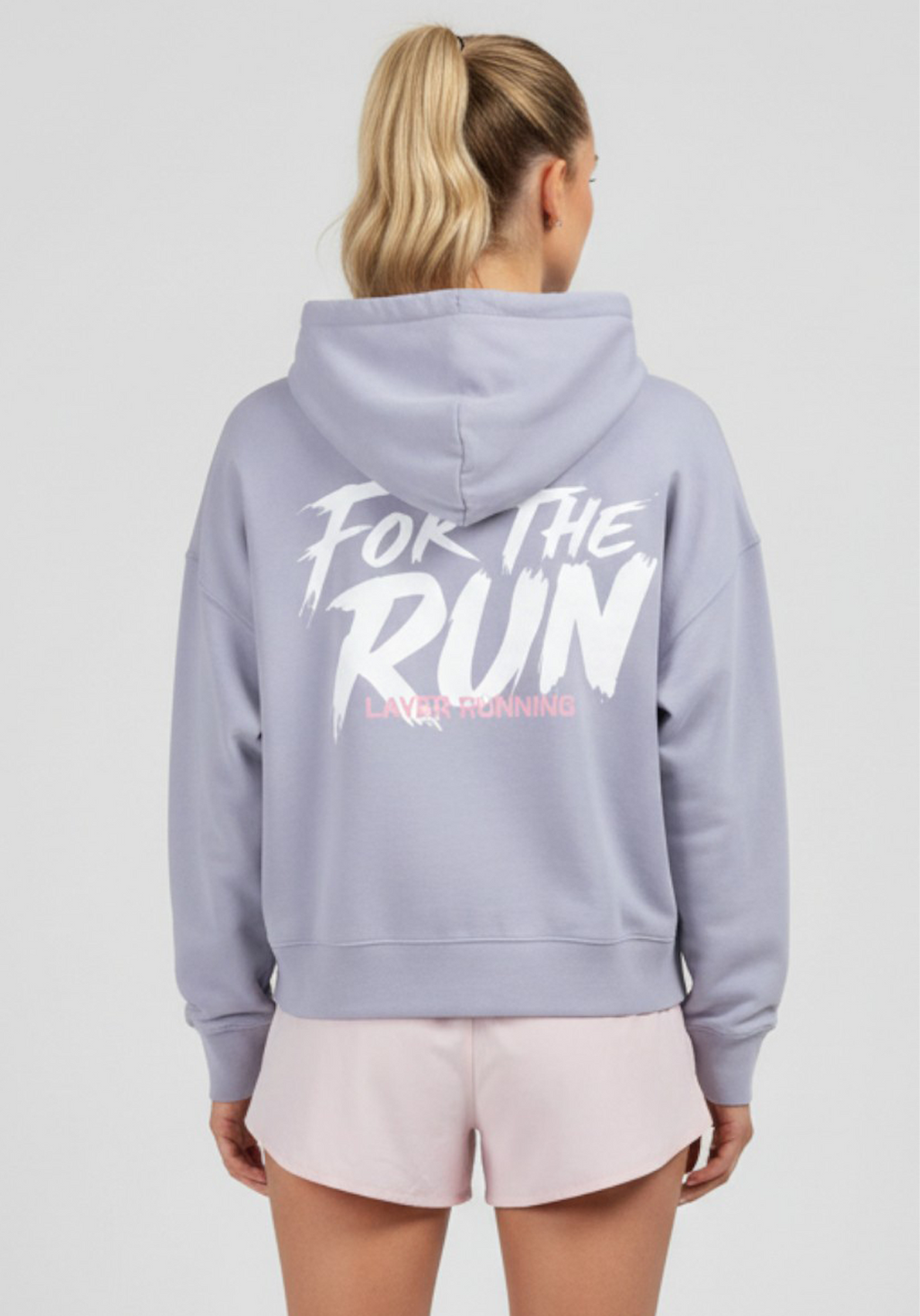 Close up back view of For The Run graphic on women’s lavender Layer hoodie