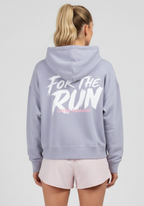 Close up back view of For The Run graphic on women’s lavender Layer hoodie