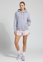 Women’s lavender Layer FTR Graphic Hoodie front view with relaxed fit and drawstring hood