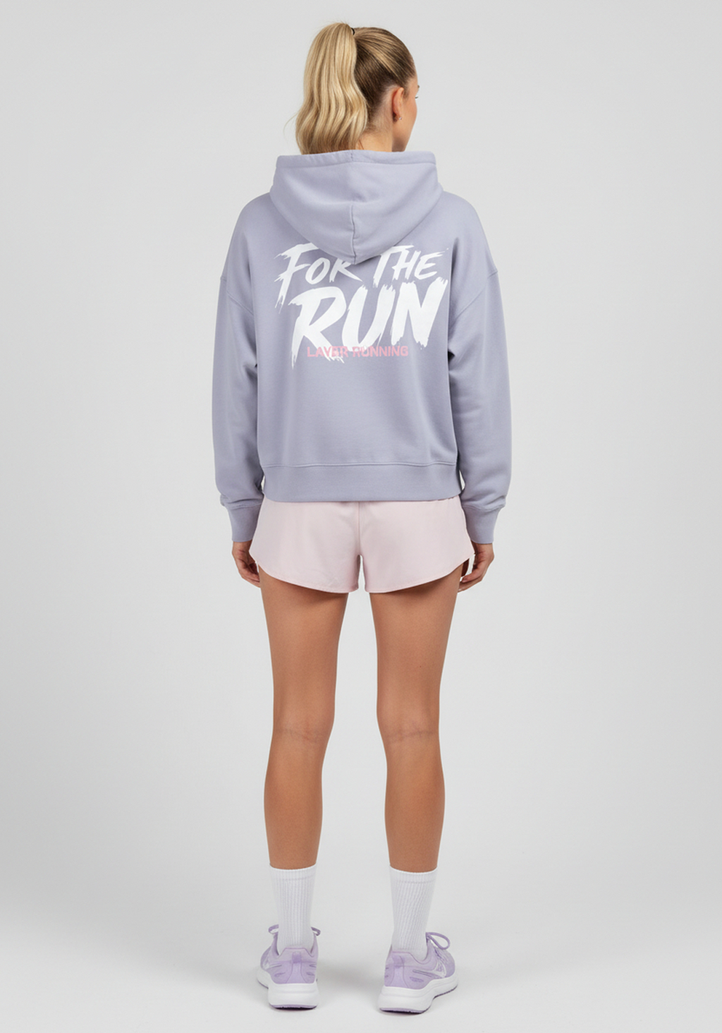 Back view of lavender Layer FTR Graphic Hoodie with large For The Run graphic print