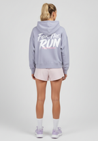 Back view of lavender Layer FTR Graphic Hoodie with large For The Run graphic print