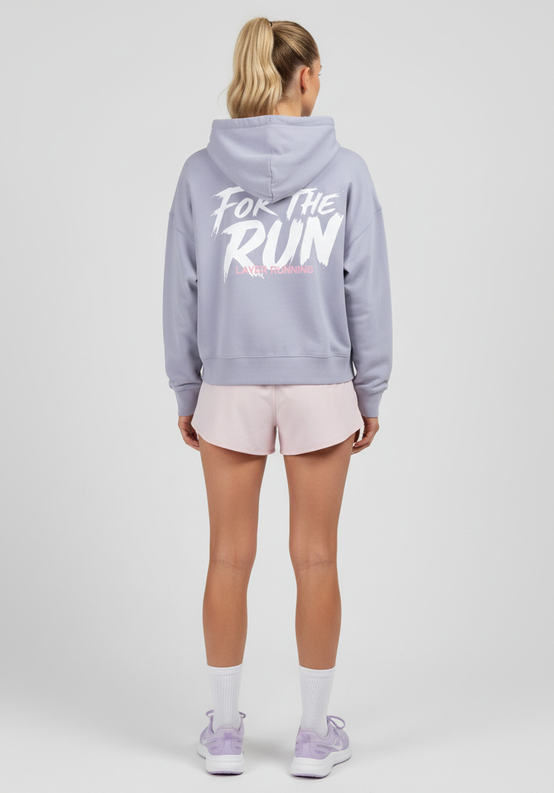 Back view of lavender Layer FTR Graphic Hoodie with large For The Run graphic print